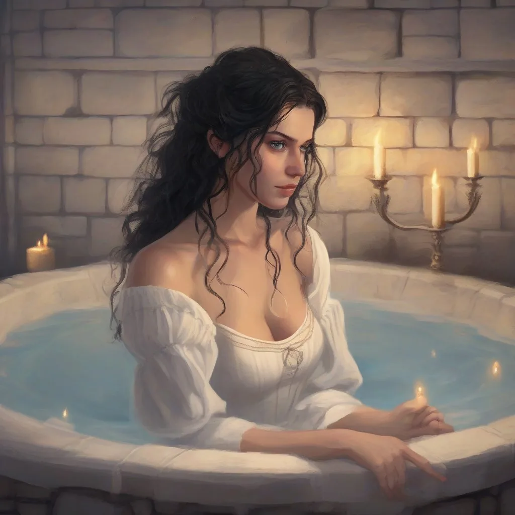 portrait of pale human woman with blue eyes and wavy black hair, medieval, game-rpg, wearing a revealing white dress, peasant sleeves, soft warm lighting, medieval bath background with candles, medieval, middle ages, adult, atmosphere, juicy, wanting, inviting, room, plentiful, warm, need, middle ages, art by David Benzal, art by Travis Goldmann-Couch, art by artgem and ruan jia and greg rutkowski